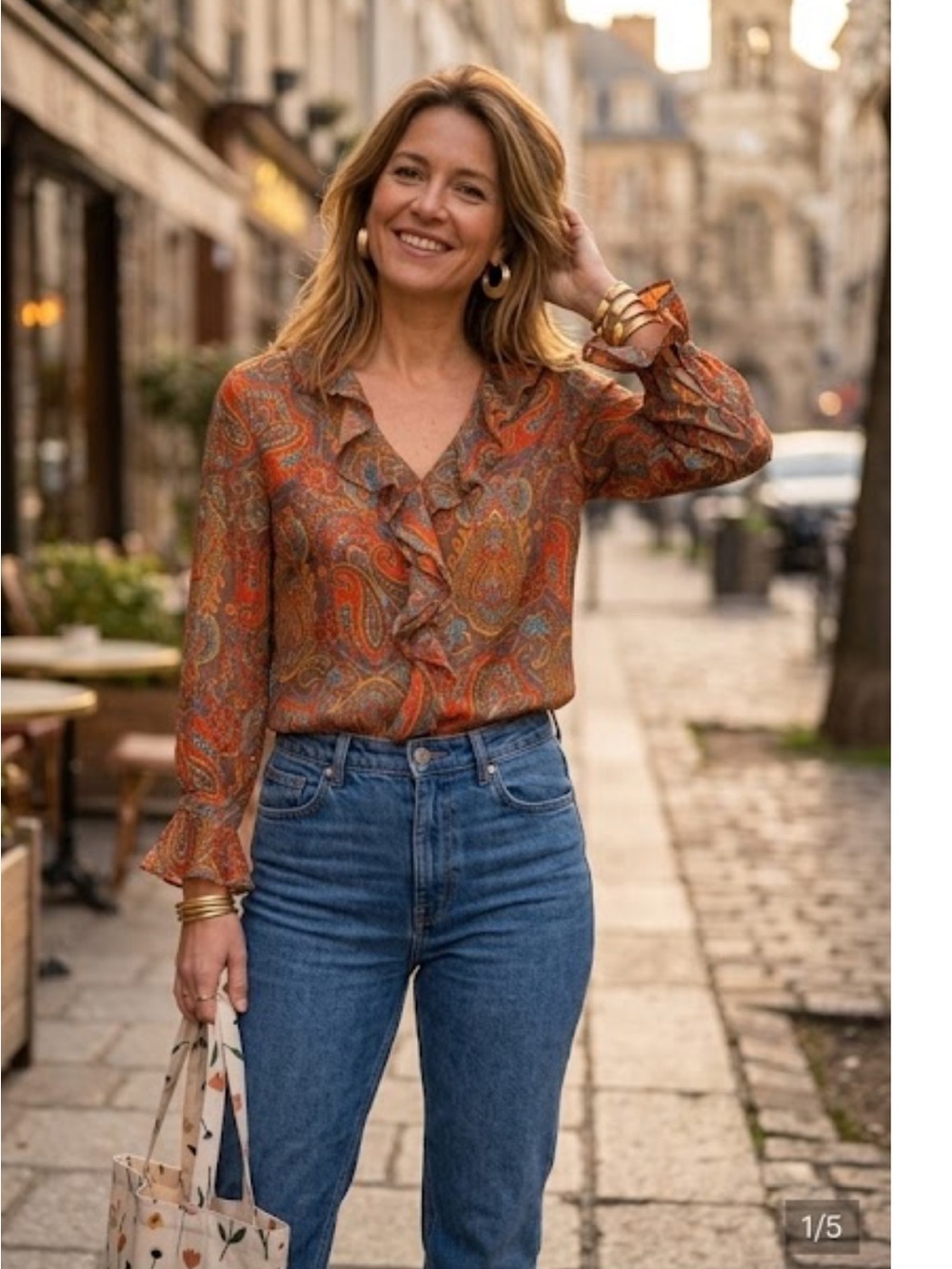 Spenser Jeremy 100% Silk Orange Multi Paisley Ruffle Blouse
